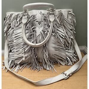 PRADA Authentic fringe White purse top handle bag+ crossbody